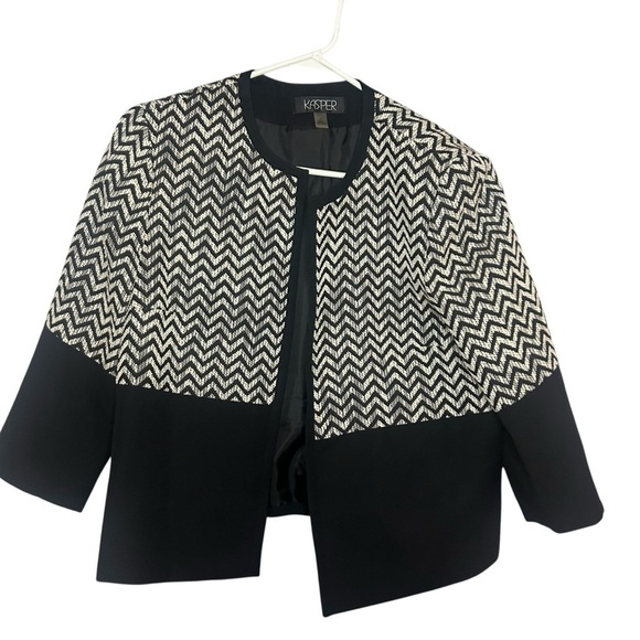 Kasper Black White Chevron Open Front Blazer 3/4 Sleeve Size 12 - Picture 6 of 7